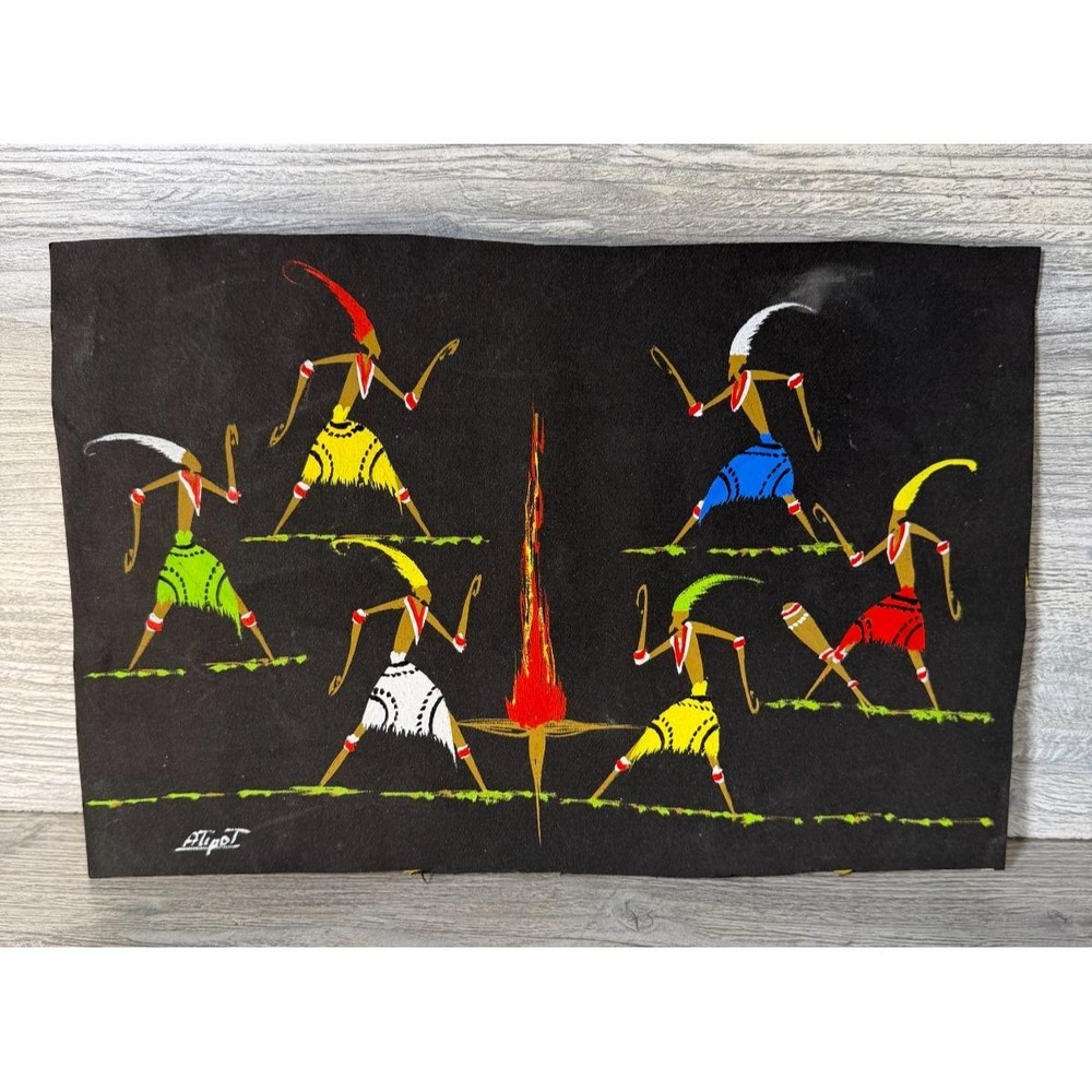 African Tribal Folk Art Vtg 1950's Congo Gouache Painting On Paper Signed Atipot